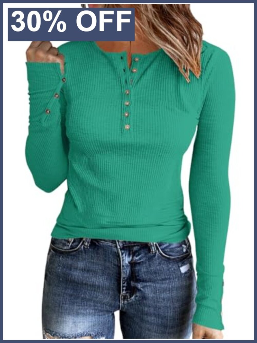 Ribbed Knit Long Sleeve Henley Tunic Top Slim Fit Coconut Buttons